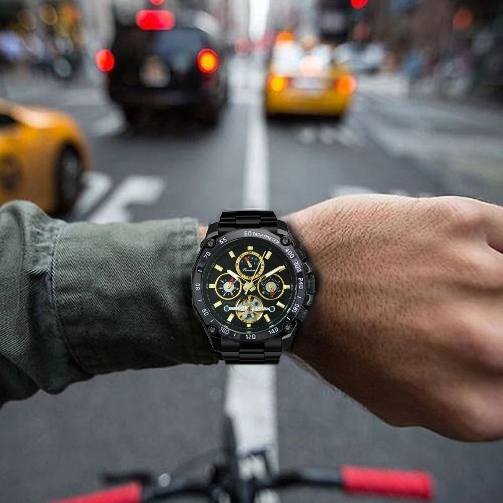 

FORSINING Steampunk Tourbillon Mechanical Watch Men Cool Black Skeleton Automatic Watches Moon Phase Stainless Steel Strap Clock
