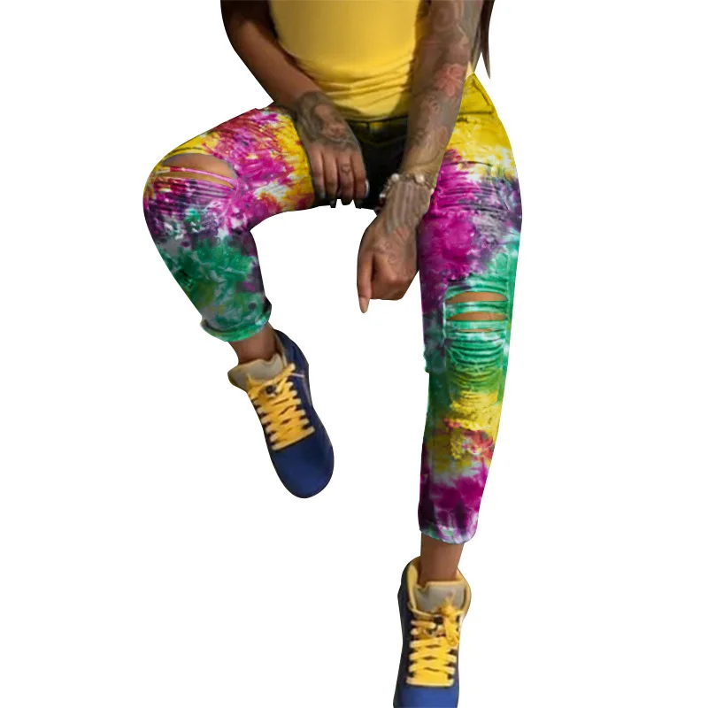 

Women Tie-Dye Print Denim Pencil Pants Fashion Knee Ripped Hole High Waisted Jeans Woman Sexy Hollow Out Skinny Jeans Streetwear