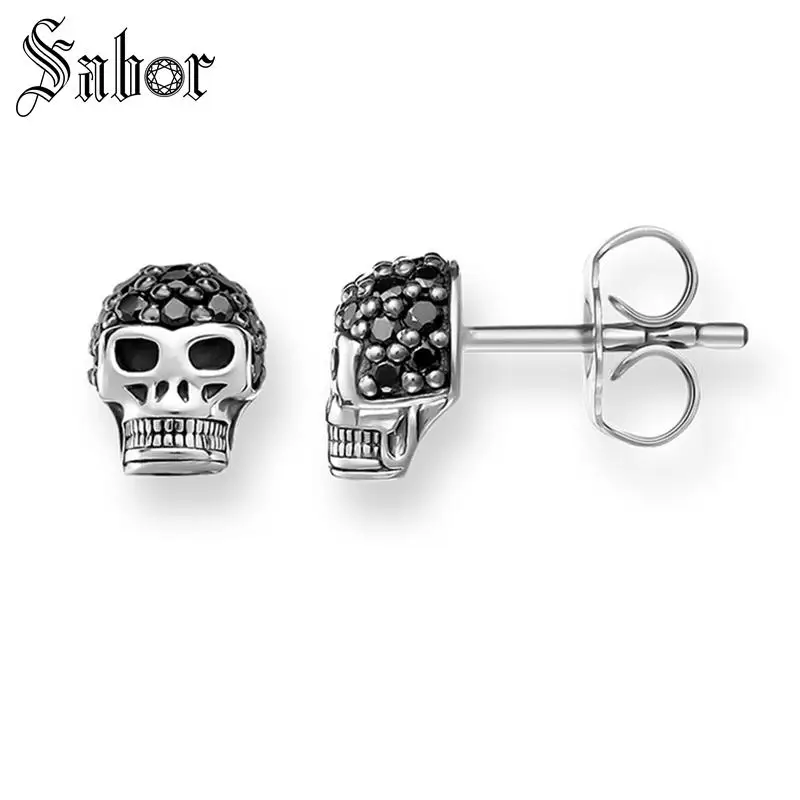 Skull Pave Stud Earrings 2020 New Cubic Zirconia Fashion Jewelry Black Punk silver color Gift For Women Men Lover thomas | Украшения и