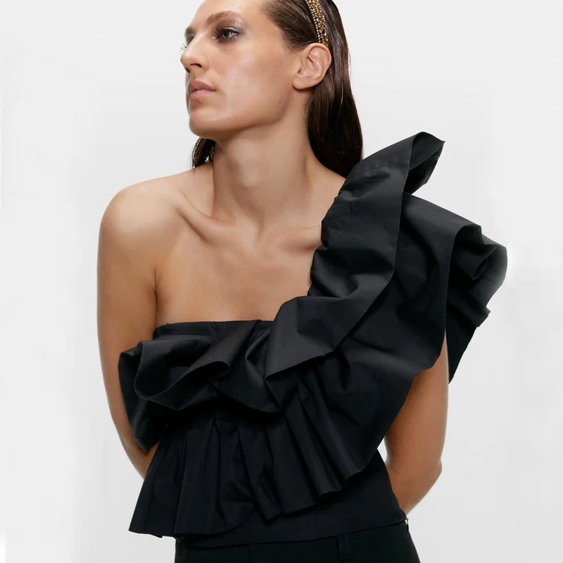 AGong каскадные однотонные футболки женские модные сексуальные топы на одно плечо