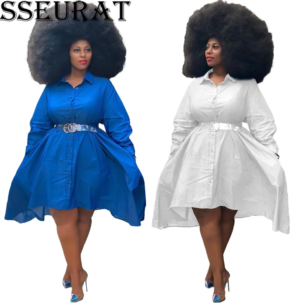 

SSEURAT Women Loose Shirt Dress Long Sleeves Button Up Casual Fashion Big Size African Elegant Office Ladies Classy Robes