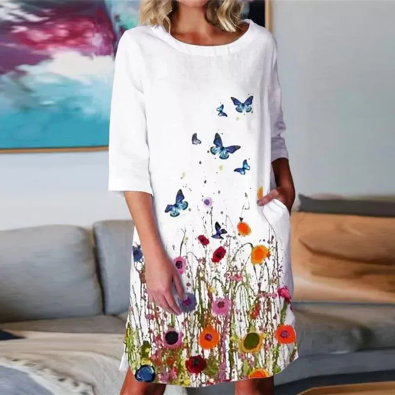

Women Floral Butterfly Print O Neck Party Dress Casual Three Quarter Sleeve Pockets Ladies Dresses Elegant Female Dress Vestidos