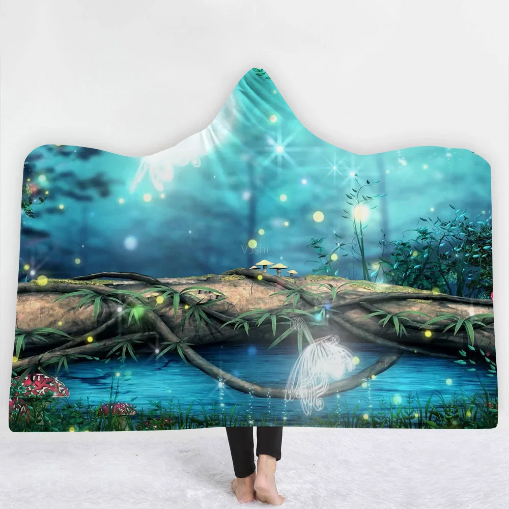 

3D Printed Hooded Blanket For Beds Fantastic Forest Coral Fleece Psychedelic Hoodie Blankets Kids Adults Sofa Tv Throw Blanket