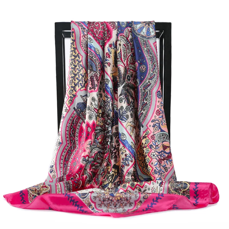 

Fashion ethnic style Hijab Scarf For Women Print Silk Satin Shawl Kerchief 90X90CM Square Neckerchief Headband Scarves For 2021