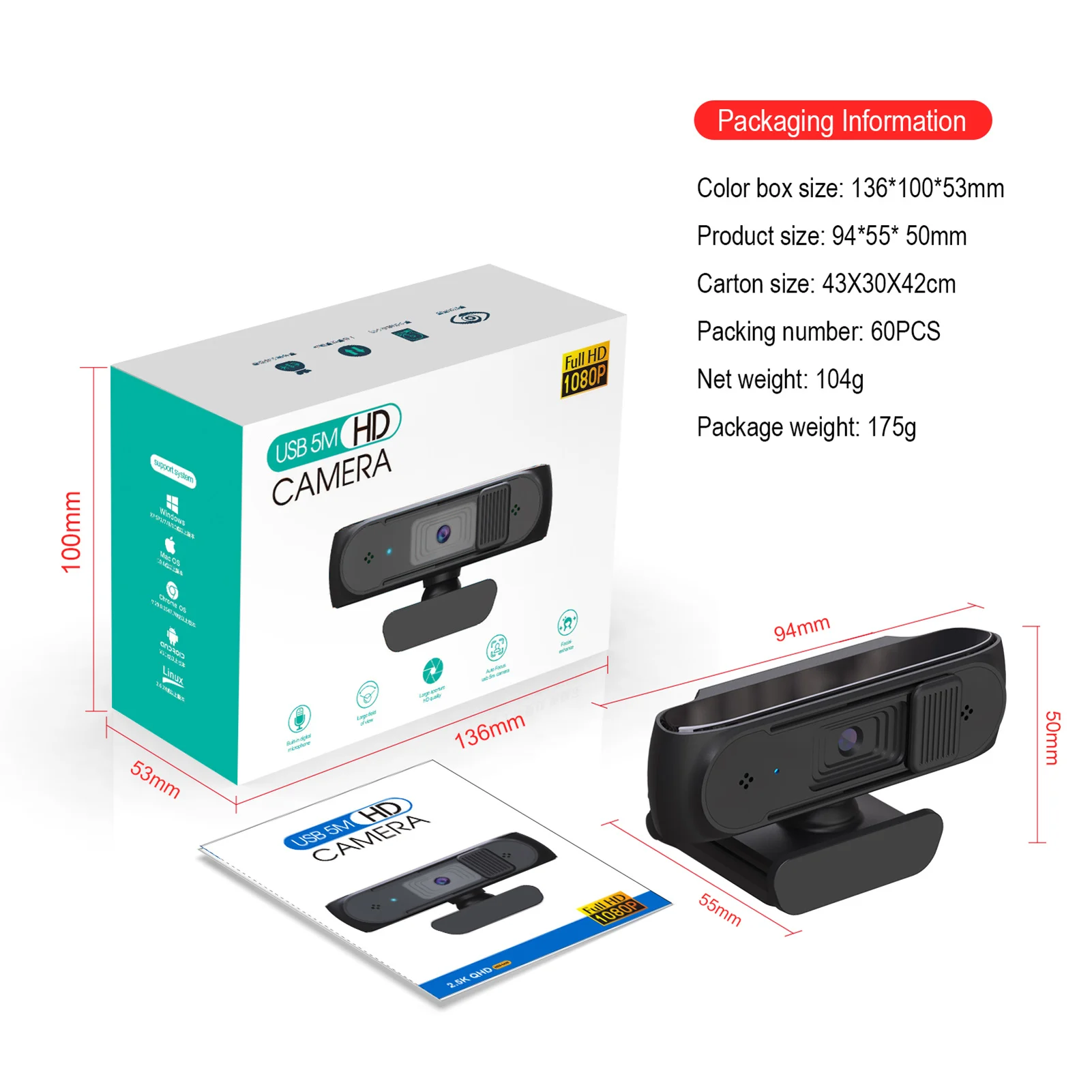 

HXSJ S2 2.5K FHD USB Webcam PC 5MP Webcam with AF Light Correction and Dual Mics for Video Teaching with Privacy Cover