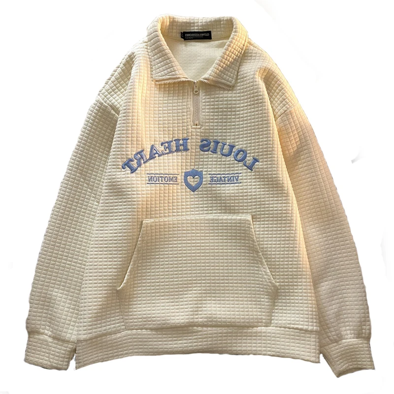 

Осенний тонкий вафельный женский свитер, куртка с полумолнией, кремово-желтый отворот поло, пуловер, мужская мода, шикарная французская ули...