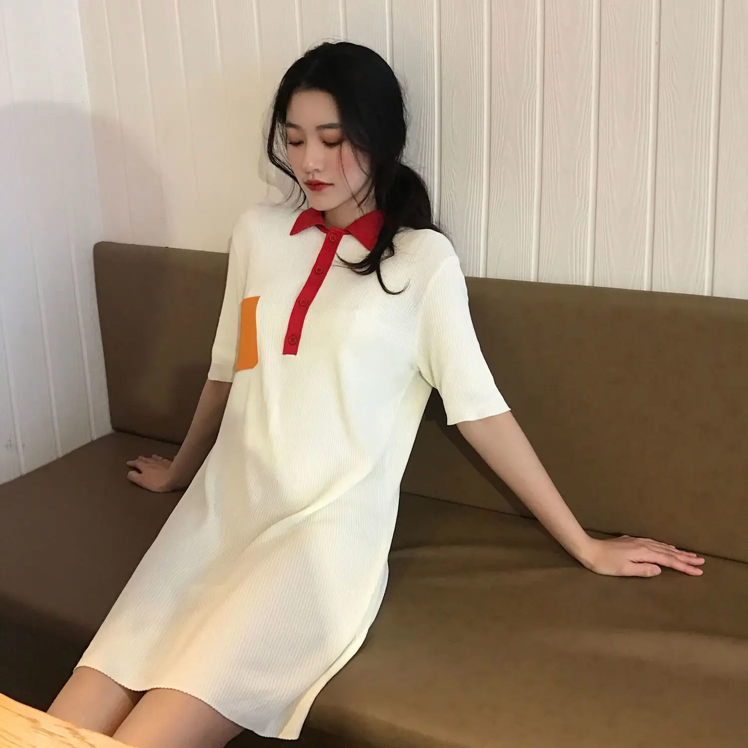 

2021 Spring and Summer Popular Skirt Korean Loose Large Size Ice Silk Dress polo Neck Knitted Skirt Straight Short Sleeve Tide