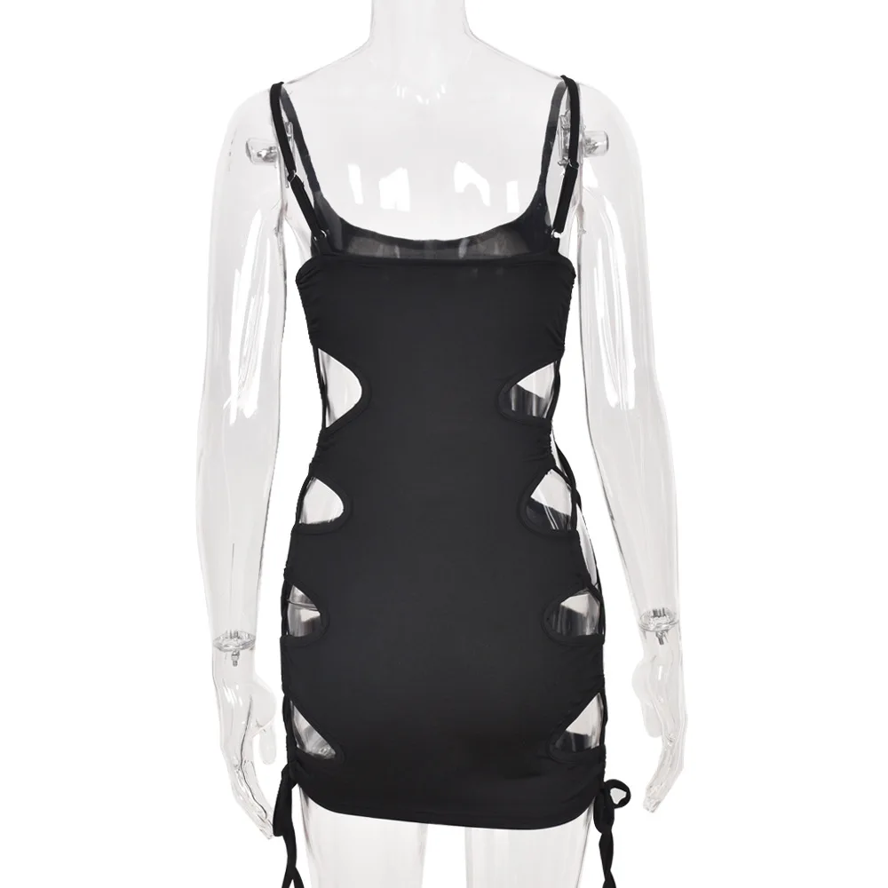 

2021 Women Hollow Out Black Mini Dress Bandage Evening Party Night Dresses Sexy Backless Sleeveless Club Outfits Vestidos