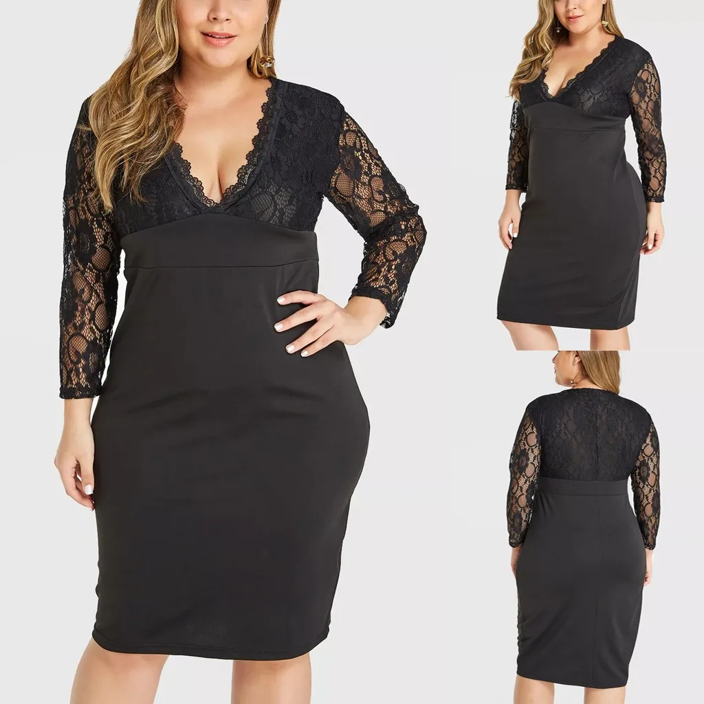 Женское платье размера плюс XXXXL сексуальное кружевное с v образным вырезом