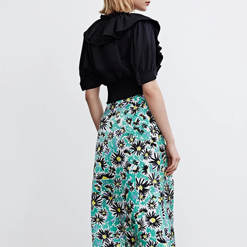 

VGH Black Elegant Ruffle Shirts For Women V Neck Puff Short Sleeve Casual Slim Minimalist Blouses Female 2021 Summer Fashion New