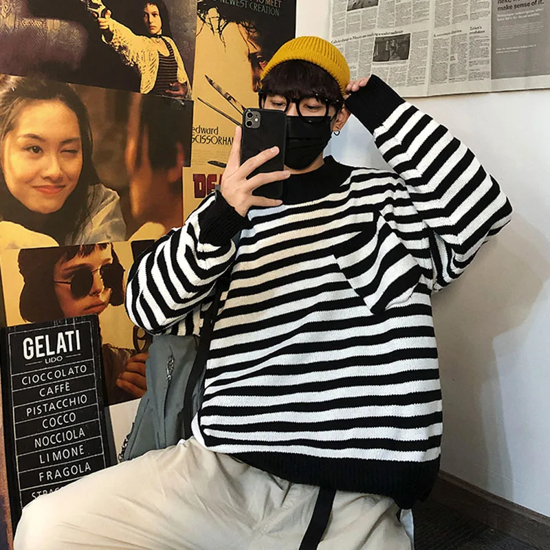 

Men Pullovers Striped Sweater O-neck Couple Paneled Loose Korean-style Harajuku Knitted Jumpers All-match High Quality Pullover