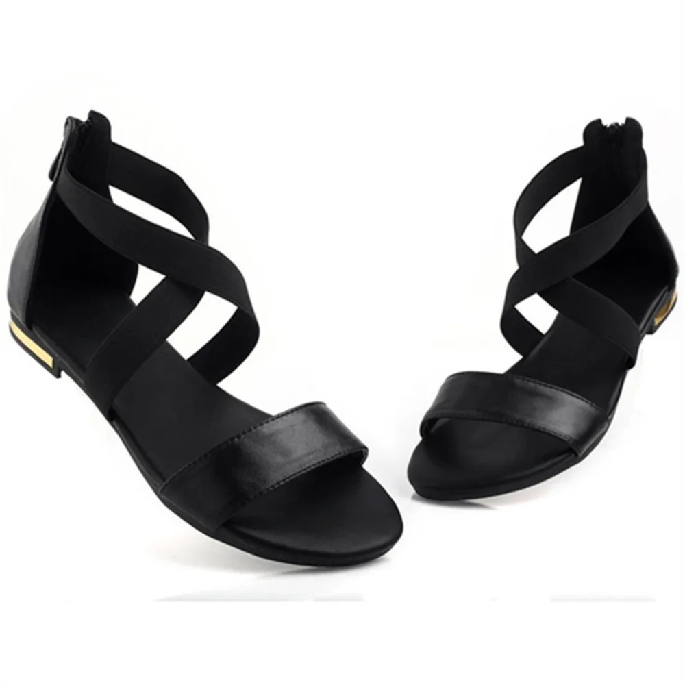 

2021 Genuine Leather Women Sandals Hot Sale Fashion Summer Sweet Women Flats Heel Sandals Ladies Shoes Black