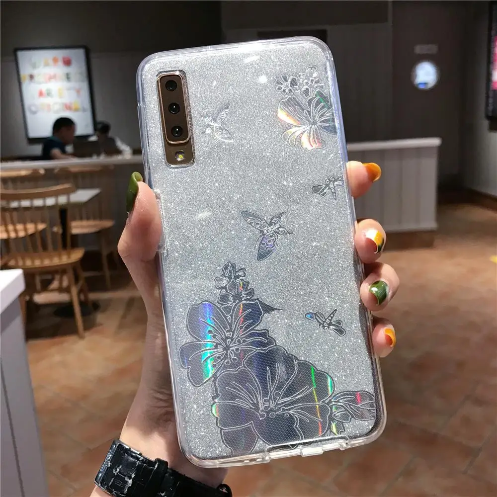 360 PC + TPU Front Back Buterfly Flower Glitter Phone Case For Samsung Galaxy Note 10 9 8 A10 A20E A30 A50 A70 2019 Cover |