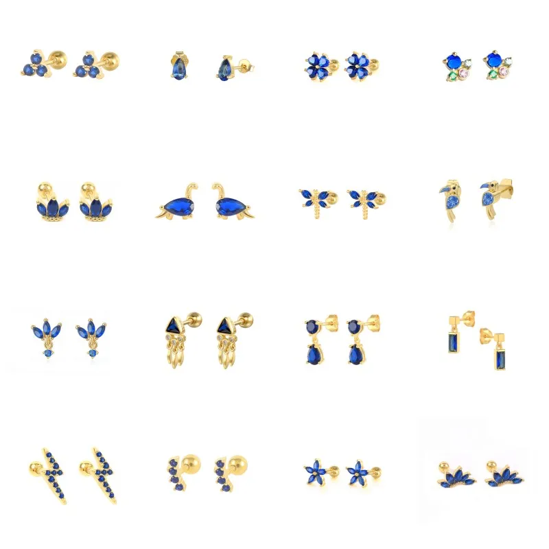 

Aide 925 Sterling Silver Blue Zircon Collection Stud Earrings Tiny Blue Crystal Dragonfly Bird Dinosaur Lightning Bolt Ear Studs