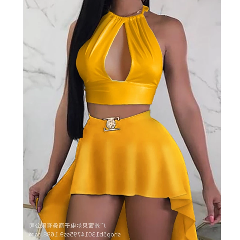 

Yellow Midi Women Dress Sets Sexy Sleeveless Short Tops Sets Hollow Out High Waist Skirts Sets Clubwear Outfits Skirt