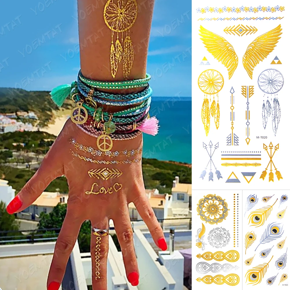 

Waterproof Temporary Tattoo Sticker Dreamcatcher Mandala Henna Gold Metallic Flash Tatoo Wings Feather Glitter Bracelet Body Art