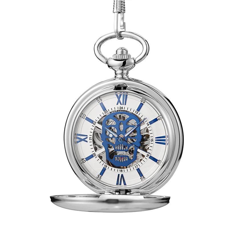 Smooth Sliver Case Skull Roman Numerals Dial Mechanical Pocket Watch Antique Fob Chain Collection Clock for Men Dropshipping