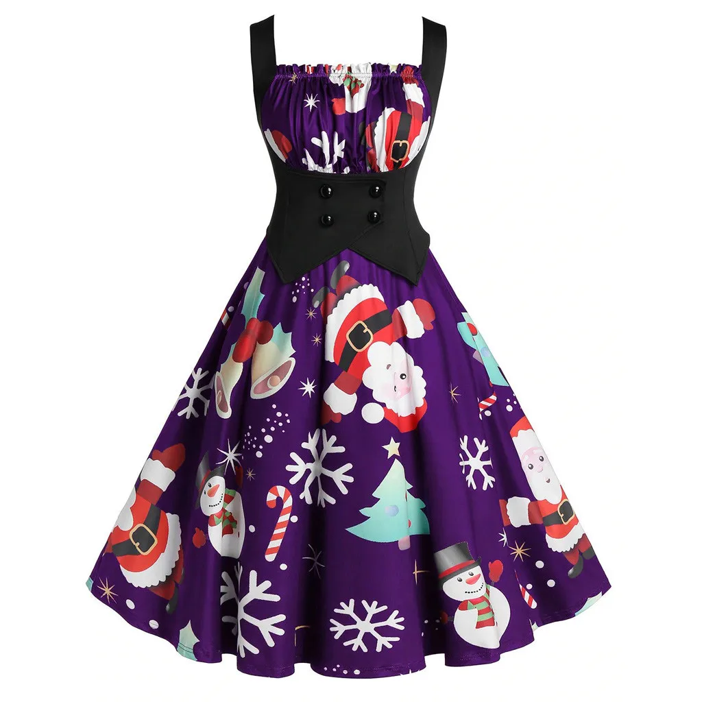 Для женщин зимнее рождественское платье Винтаж без рукавов с рождественским
