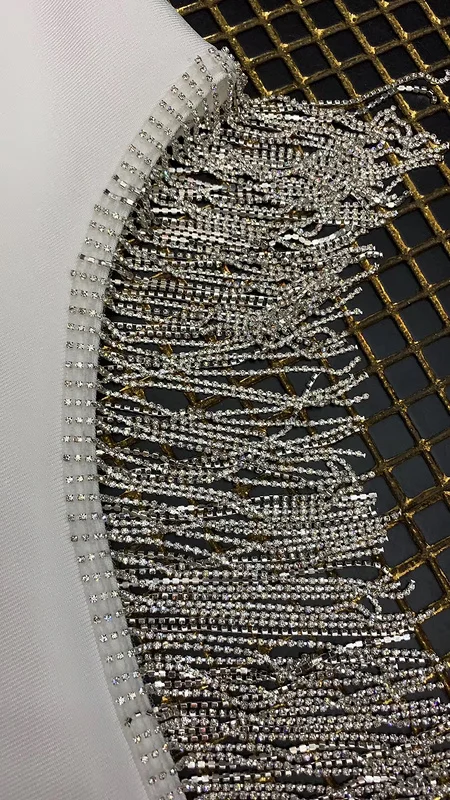 

Top Quality White Two Pieces Set Open Fork Shining Tassel Rayon Bandage Dress Evening Party Dress