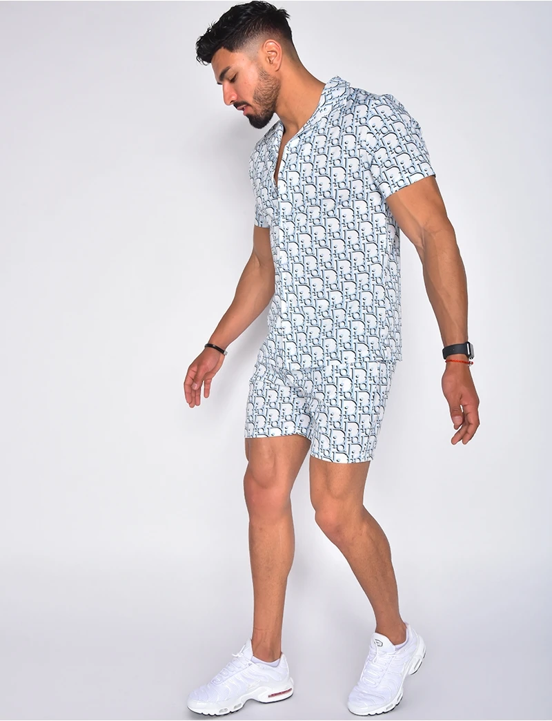 

Summer Men Hawaiian Casual Mens Suit National Style Printing Short-Sleeved Button Shirt + Casual Shorts Mens Street Corner Suit