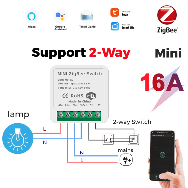 

Умный переключатель Tuya Smart 16A Mini Zigbee, поддержка 2-стороннего управления, автоматизация умного дома, работает с Alexa Google Home Smart Life