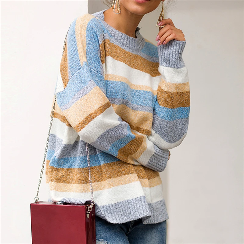 Winter Sweater Women Causal Long Sleeve Outerwear Autumn Loose Pullover Top Fashion Colorful Striped Jumpers Sweaters | Женская одежда