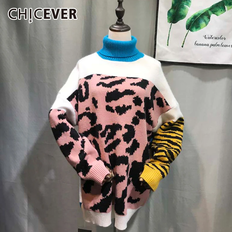 CHICEVER винтажный Леопардовый хит цвет женский свитер водолазка длинный рукав