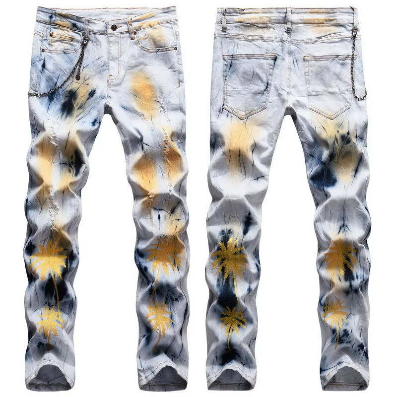 

Coconut Trees Printed Hanging Chain Decoration Personality Ripped Jeans Men Original Design Brand Slim Stretch Jeans Male