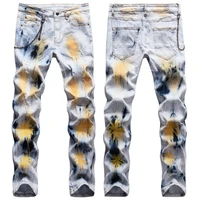 coconut trees printed hanging chain decoration personality ripped jeans men original design brand slim stretch jeans male