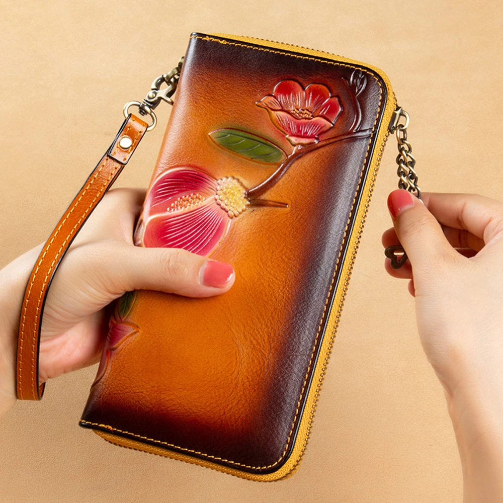 

Luufan Women Vintage Genuine Leather Clutch Wallet Money Handy Wrist Bags Card Holder Embossed Cow Skin Long Purse