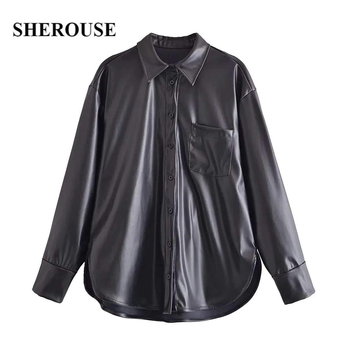 

Sherouse Women Fashion PU Black Single Breasted Jacket Vintage Lapel Collar Long Sleeves Female Coat Chic Outfit