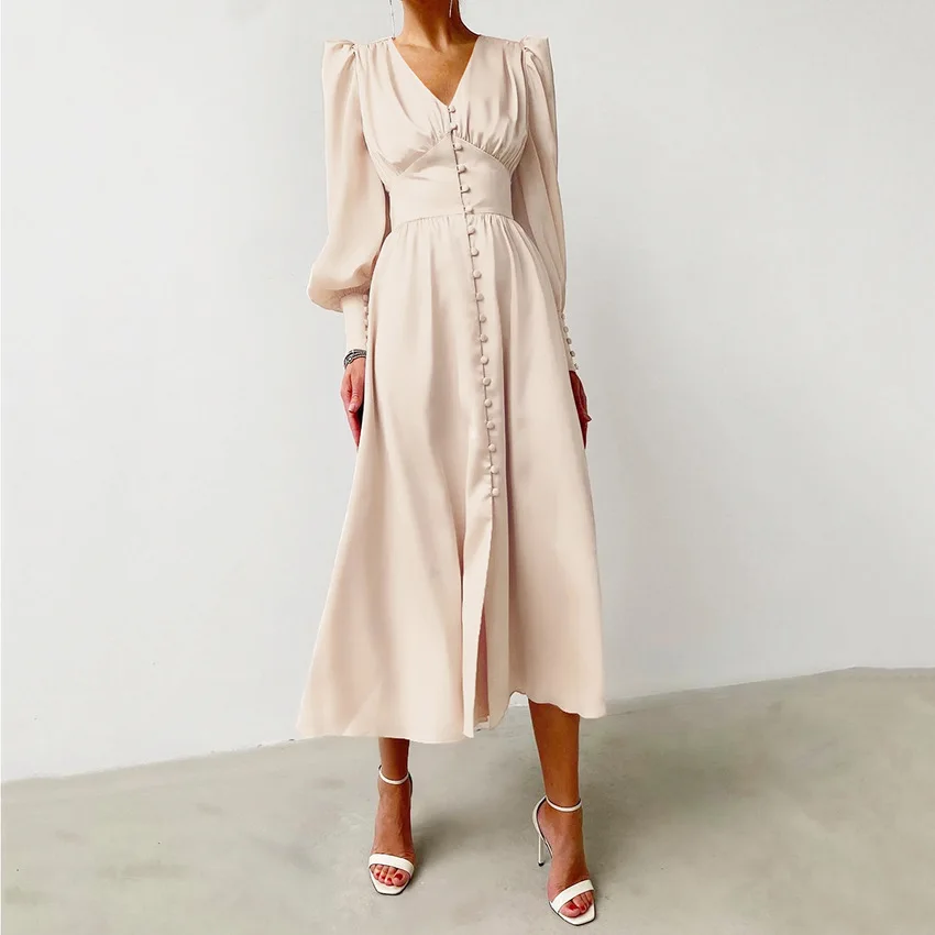 

2021 New Satin Retro Dress Female Lantern Sleeves Waist Slimming European And American Temperament Slim Long Skirt