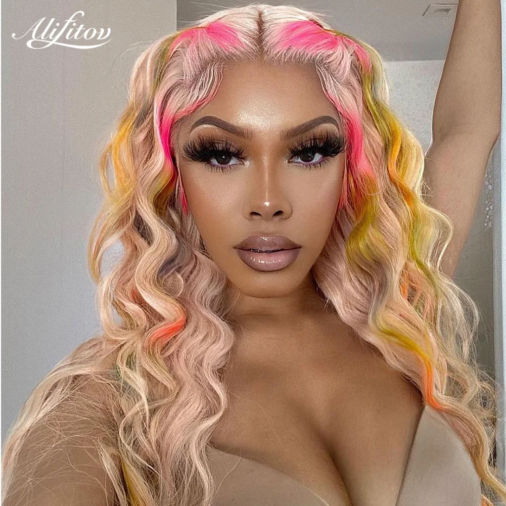 ALIFITOV-Peluca de cabello humano ondulado para mujer, postizo de encaje Frontal de Color arcoíris, pelucas con minimechones transparentes