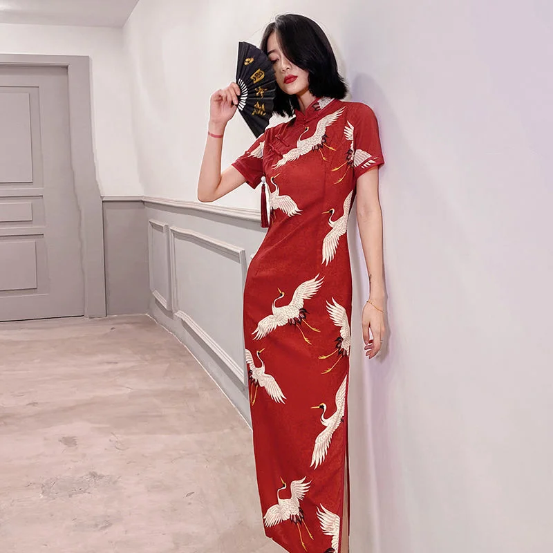 

Sheng Coco Women China Red Cheongsam Dresses Young Girl Long Style Elegant Improved Dress Chinese Traditional Old Shanghai Qipao