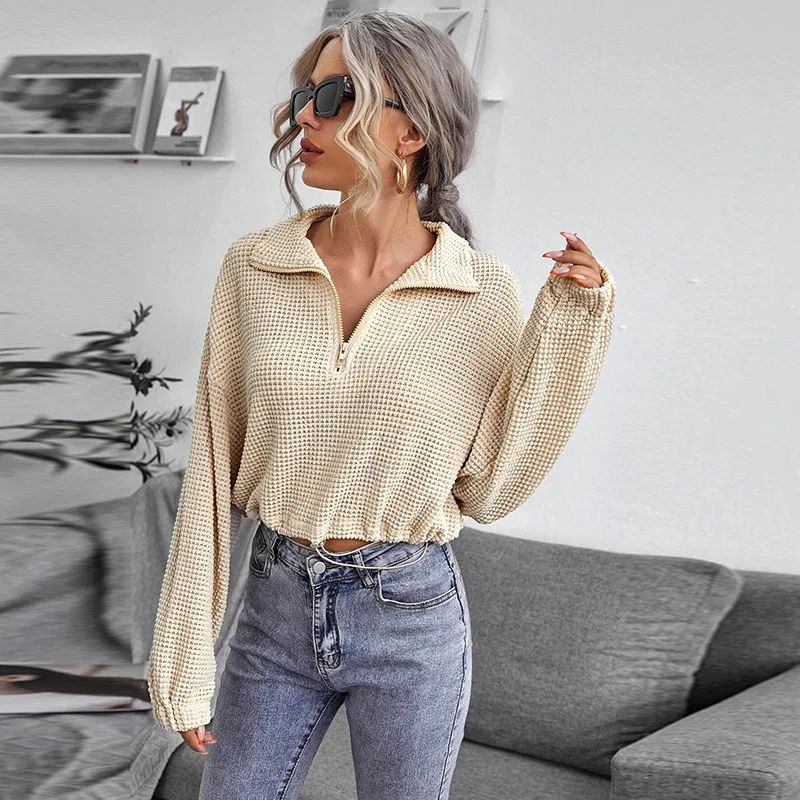 

Women's T-shirt V-neck Zipper Long Sleeve Ruched Crop Top Fashion Solid Color Waffle Grid Hem Frenulum Crop Top Blouses