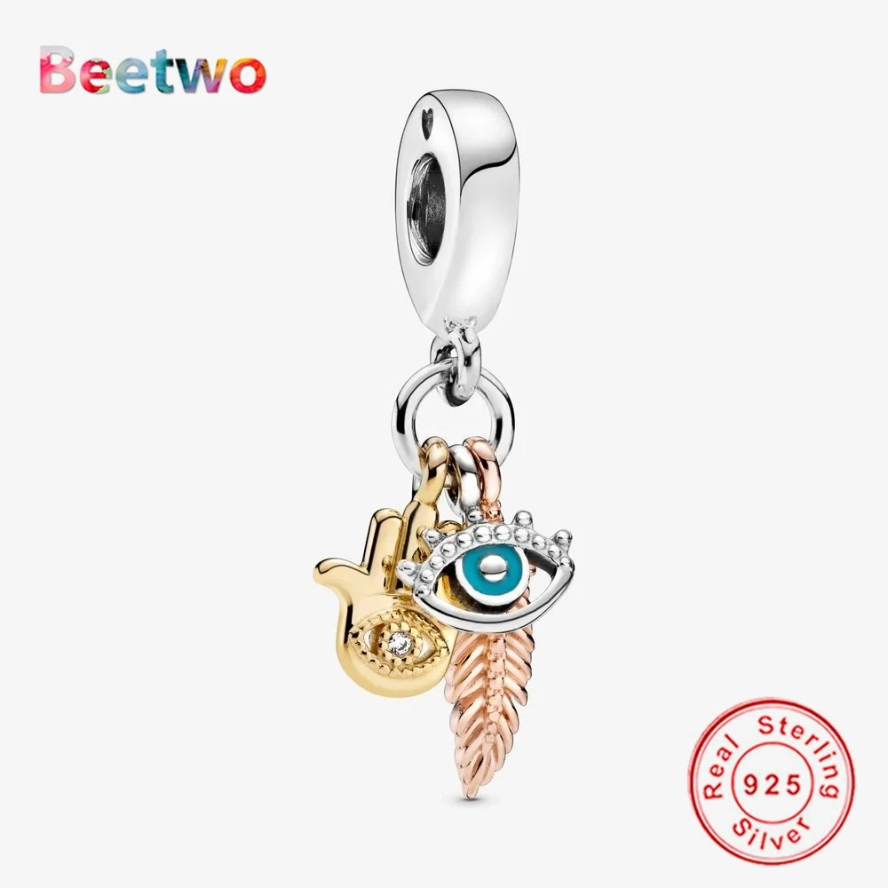 

925 Sterling Silver Hamsa All-seeing Eye & Feather Spirituality Dangle Charm Beads Fit Original Pandora Charms Bracelet Berloque