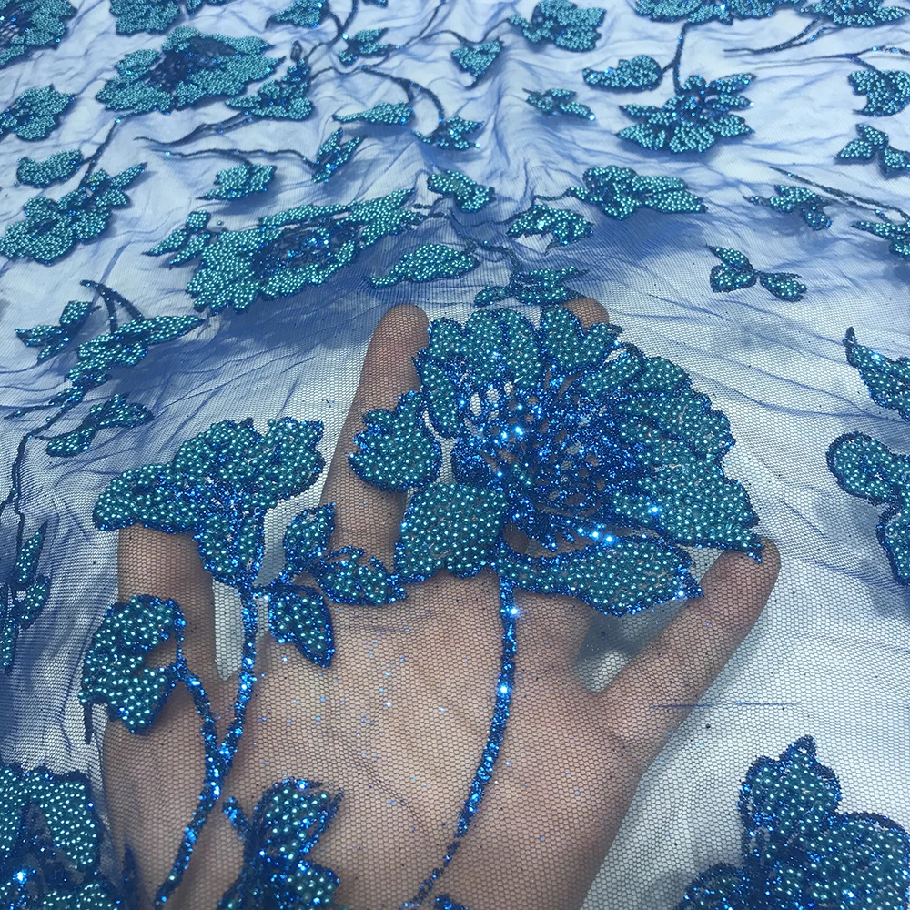 

Popular Royal Blue/Off White Bridal Beaded Lace Fabric Flowers Applique Sewing Trimmings Material for Wedding Dress Evening Gown