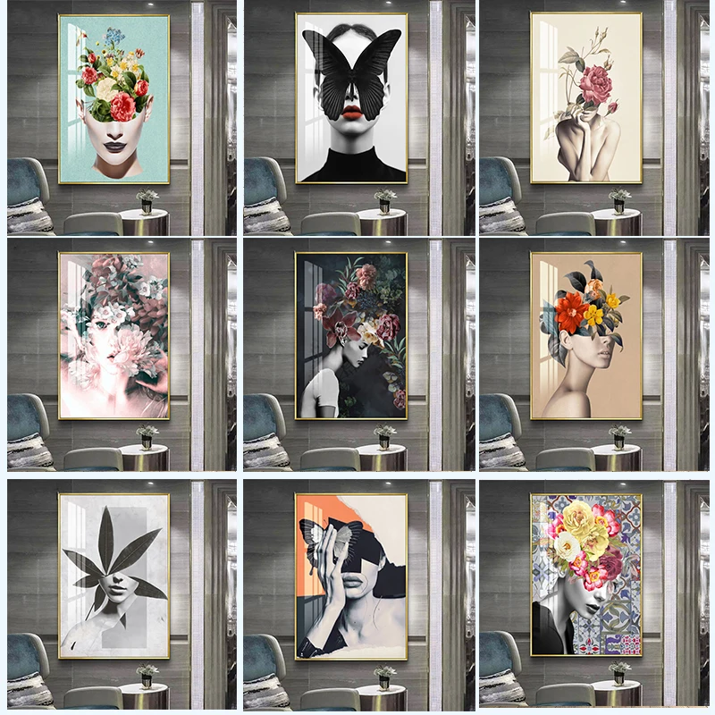 

Abstract Flowers Head Woman Canvas Paintings Butterfly Girl Posters and Prints Wall Art Pictures Room Home Decoration Cuadros
