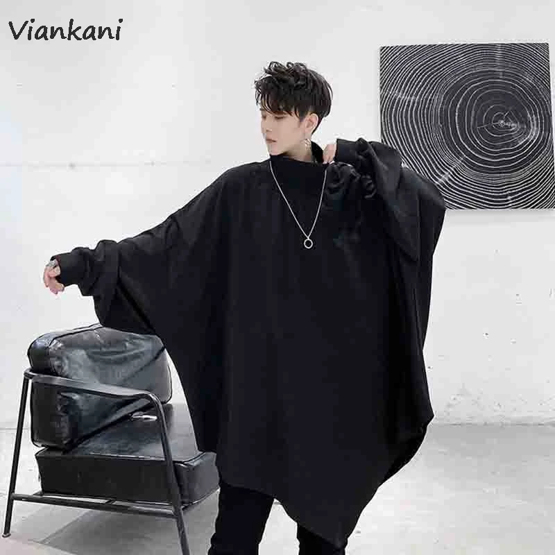 Men's Sweater Autumn 2022 Dark Bat Sleeve Rib Mock Neck Pointed Hem Loose Pullover Tops Male Korean Long Sleeve Sweaters