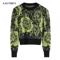 saythen retro japanese style new designer round neck green gray puff sleeve sweater short loose floral print pullover ys12242