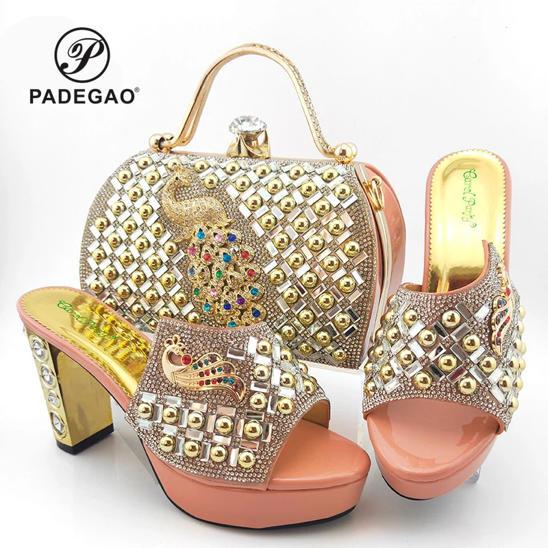 

Novelty New Comming in Pink Color with Platform Italian Lady Shoes and Bag to Math High Heelsl with Shinning Crystal for Party