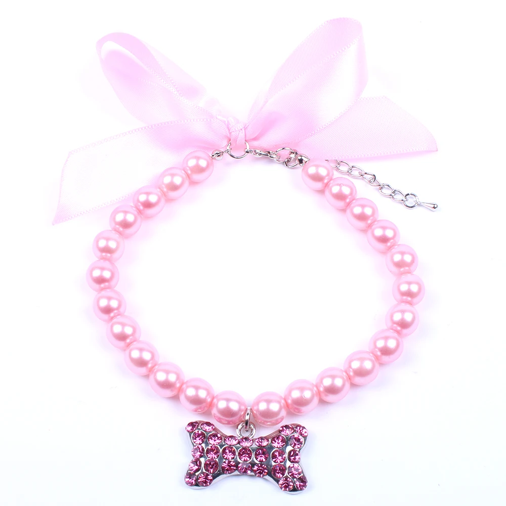 Pink Собака Кошка жемчуг ожерелье воротник Bling Стразы Подвеска с изображением кости питомца щенка Свадебные украшения для женщин щенка чихуахуа Йорк - Цвет: Pink