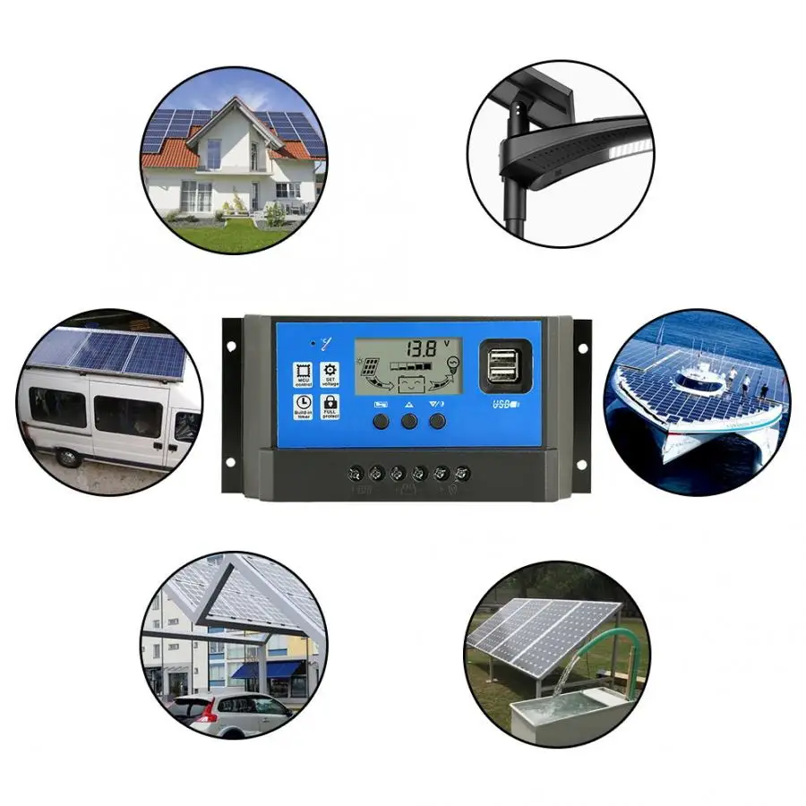 Контроллер солнечной зарядки 40A 50A PWM выходной регулятор с двойным USB портом 12/24 в