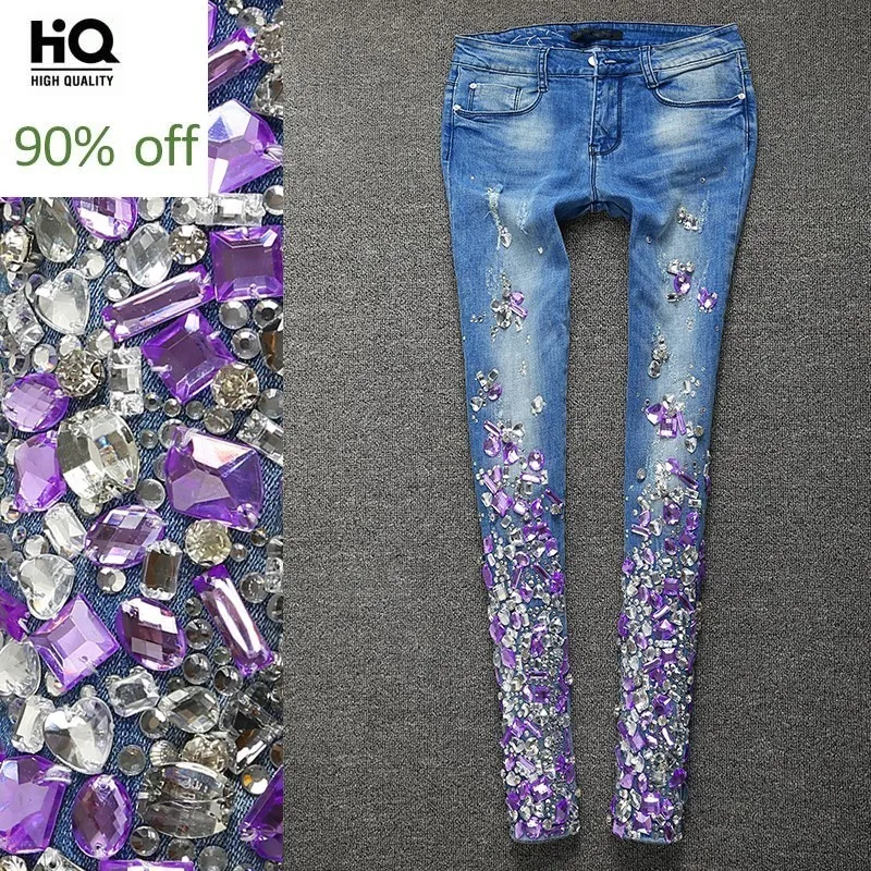 Качественные женские джинсы ручной работы с разноцветными бриллиантами модные