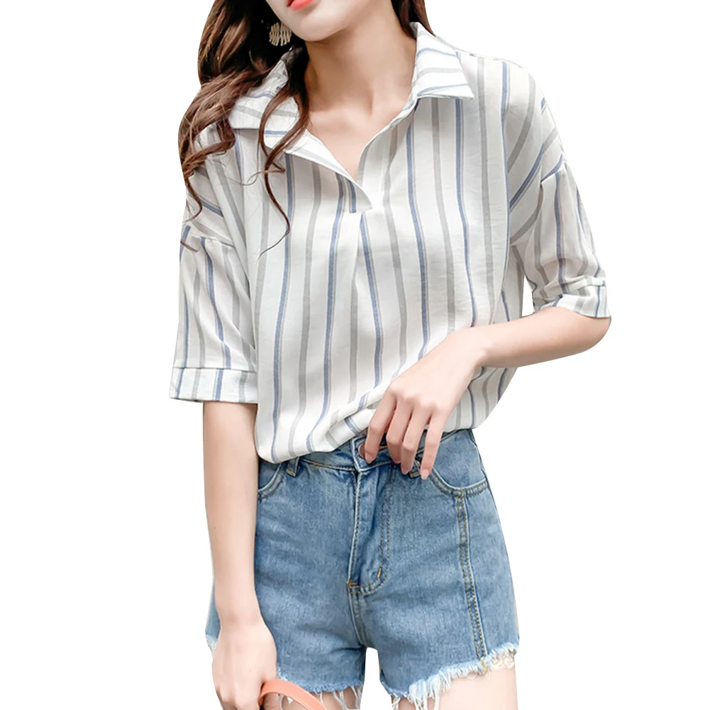 Модная женская рубашка в полоску с коротким рукавом V образным вырезом и отложным
