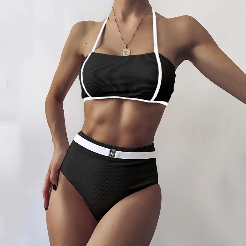 

2021 Sexy Ribbed High Waist Bikini Women Halter Bandeau Swimsuit Female Swimwear Two-pieces Bikini set Patchwork Bathing Suit