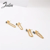 tarnish free pvd gold finish fashionable black zircon chain earring stainless steel tarnish free gold jewelry wholesale