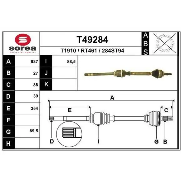 Привод правый 987mm Renault Laguna 2.0DCi 07 EAI T49284|Клатчи и аксессуары| |