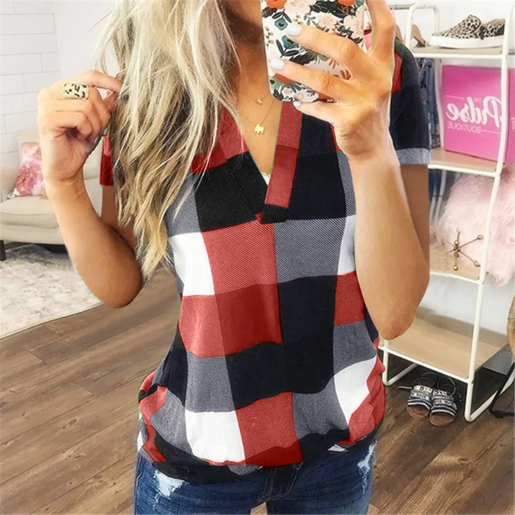

Women Plaid Blouse Shirt Cotton Short Sleeve Shirt Ladies Slim Shirt Top Casual womens tops and blouses V Neck Women Blouses NEW