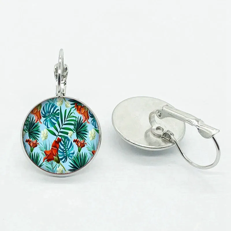 

New Tropical Green Plant Leaf Round Earrings Glass Dome And Glass Dome Jewelry Ear Holiday Gift